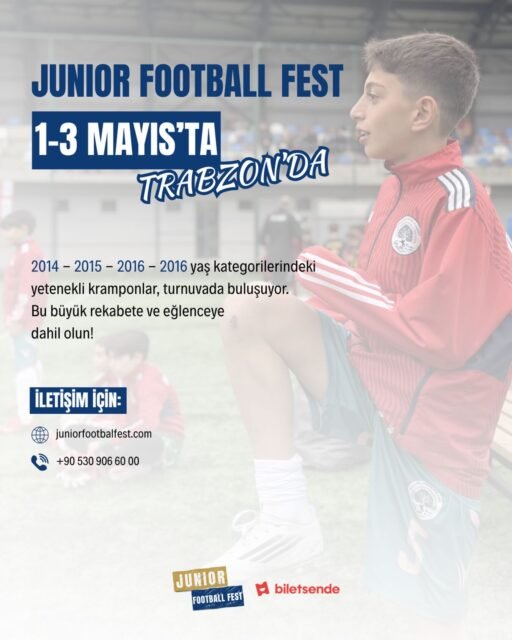 Geleceğin yıldızları sahneye çıkıyor! ⚽️🔥
Junior Football Fest, 1-3 Mayıs’ta Trabzon’da futbol tutkusunu bir araya getiriyor!
2014 – 2015 – 2016 – 2017 yaş kategorilerindeki yetenekli kramponlar bu büyük heyecanda buluşuyor.
Rekabet, eğlence, dostluk ve unutulmaz anlar bir arada!
Siz de bu futbol şöleninde yerinizi alın! 💪⚽
📍 Trabzon
📅 1-3 Mayıs
🌐 juniorfootballfest.com
📞 +90 530 906 60 00
#juniorfootballfest #geleceğinyıldızları #futbolturnuvası #turnuvadandahafazlası